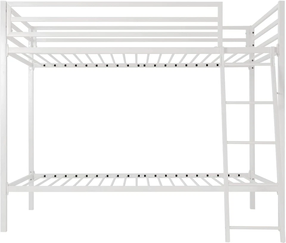 Litera doble blanca marco de metal con barandilla y escalera dormitorio que ahorra espacio Foto 4 de 4