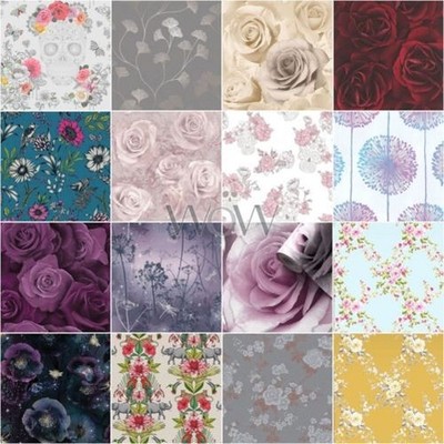 FLORAL WALLPAPER FLOWERS ROSES BLOOM WISTERIA GLITTER METALLIC & MORE
