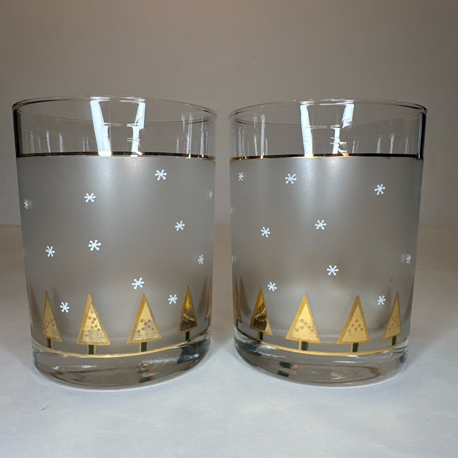 (2) Vintage Culver Double Old Fashion Frosted Gold Christmas Tree Glasses MCM