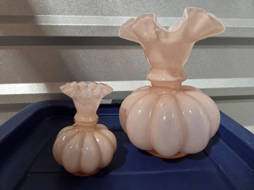 2 Vintage 1940’s Fenton Rose Overlay Pink Melon Vases Crimped Ruffle 3.5" & 6”