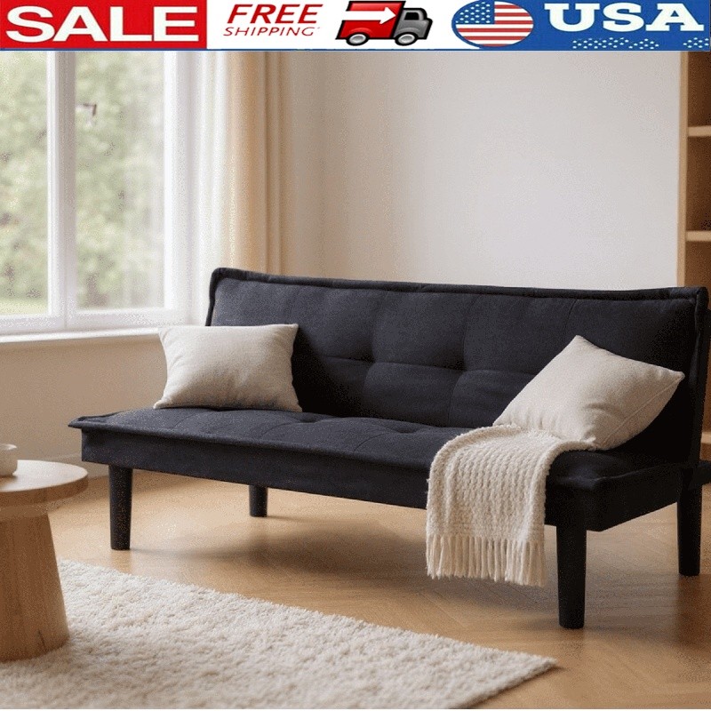 63.2 Inch Futon Sofa Bed Convertible Adjustable Backrest Faux Suede Indoor New