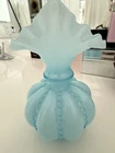 Fenton Art Glass Beaded Melon vase light blue opalescent ruffled rim