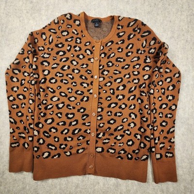 Ann Taylor Factory Knit Cardigan Women XS Leopard Print Crew Neck Button Capsule