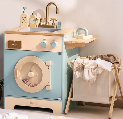 Robud Kinder Waschmaschine Spielset aus Holz mit Wäschekorb unbenutzt B Ware