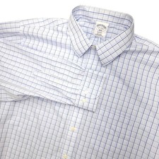 Brooks Brothers Dress Shirt Mens 17 4/5 White Blue Check Regent Non Iron Cotton