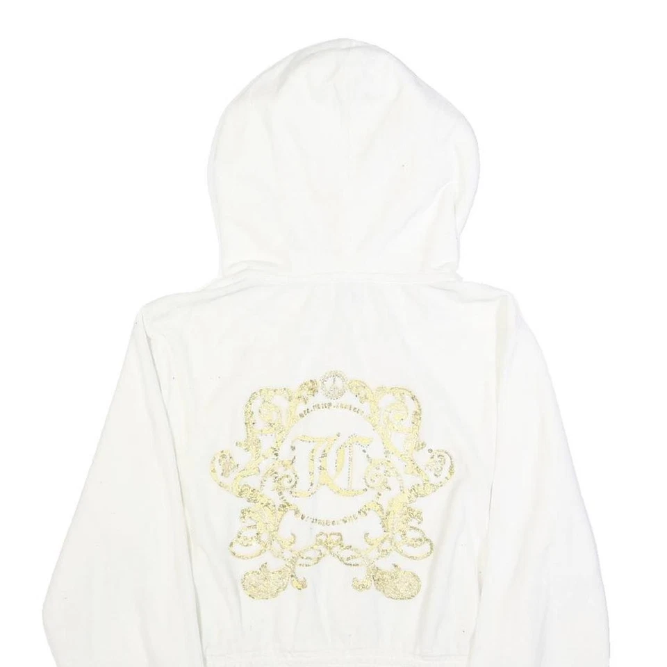 Sudadera con Capucha JUICY COUTURE Mujer Blanca Cremallera Completa L Terciopelo Brillo Logo Recortado Foto 4 de 4