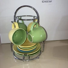 Stackable Cup Set of 4 Ceramic expresso cups saucers 2 dessert plates and caddy 