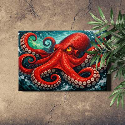 Red Octopus Wall Art Teal Swirling Texture