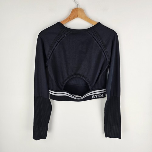 Ryderwear Top Womens Size L Black Cropped Long Sleeve Thumb Holes Cut Out Back - Picture 8 of 8