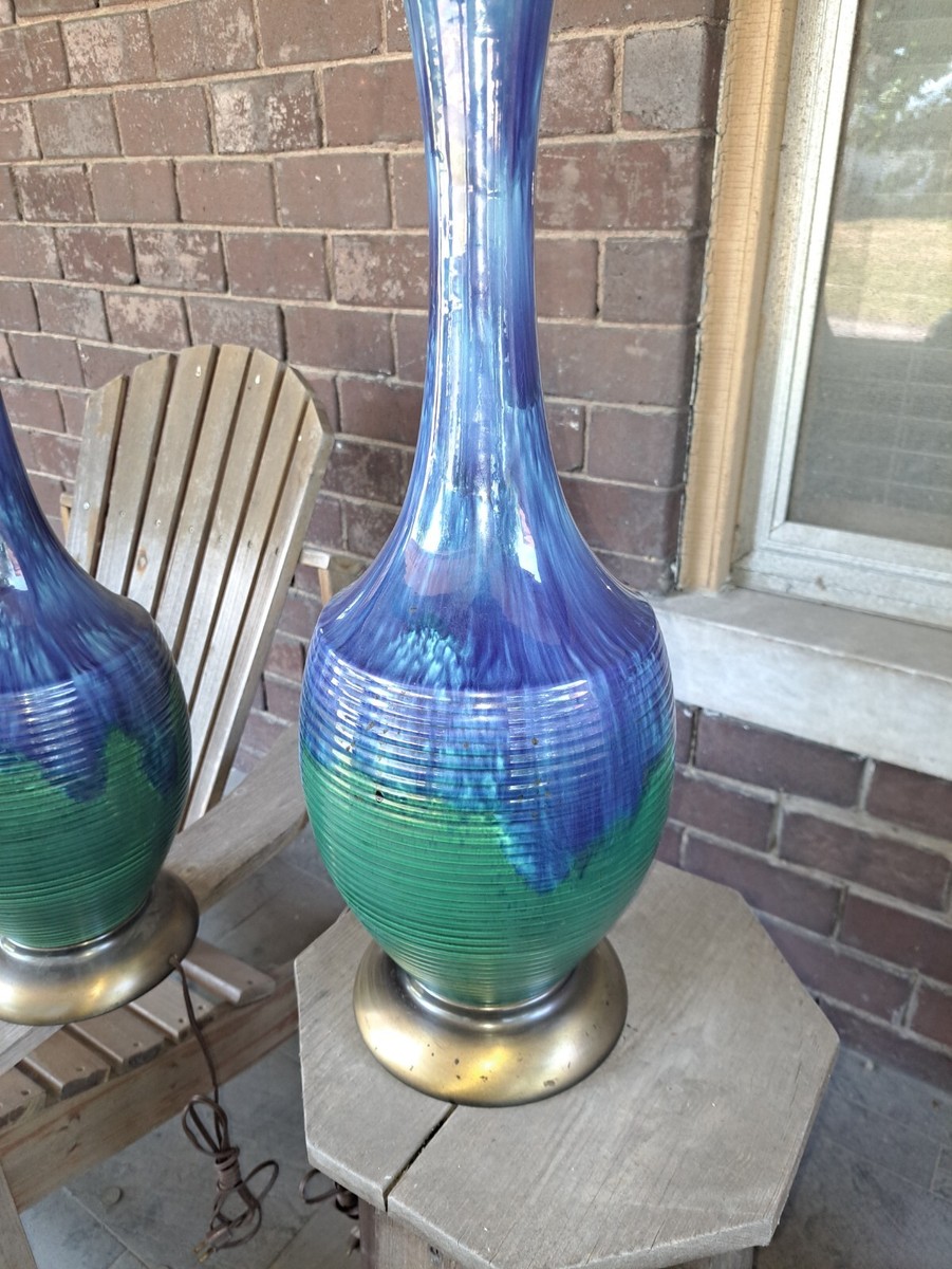 2) MCM ROYAL HAEGER DRIP GLAZED TABLE LAMPSBLUE TO GREEN FIESTA