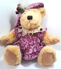 Dandee Teddy Bear Purple Hat & Dress Lace Collar Flowers Vintage