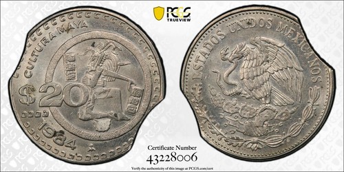 ER271 MEXIKO. Prägefehler -- Double Clipped Planchet -- 20 Pesos, 1984 - Mo. PCGS