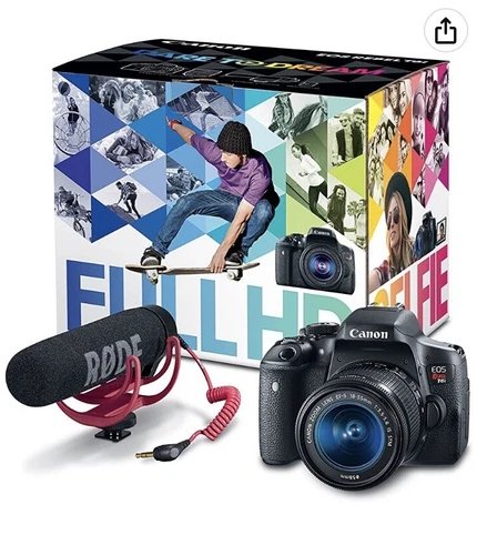 Canon EOS Rebel T6i camera WITH Canon Zoom 18-55mm Lens, Rode mic and Aux cord