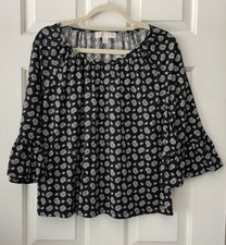 michael kors tops women's L black white paisley 1/4 belle sleeve crew neck top