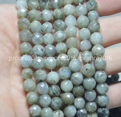 Cuentas sueltas de piedras preciosas redondas de labradorita gris real facetadas naturales de 8 mm 15"" PL439 - Imagen 1 de 6
