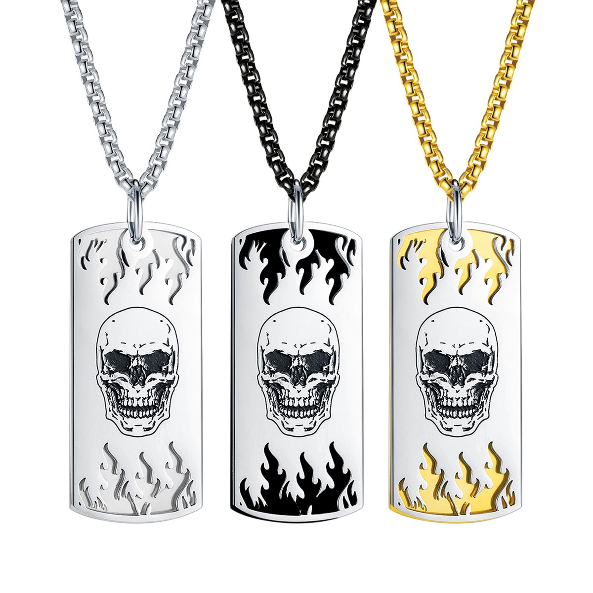 Gothic Mens Skull Dog Tag Pendant Necklace Chain Stainless Steel
