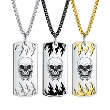 Gothic Mens Skull Dog Tag Pendant Necklace Chain  Stainless Steel Halloween