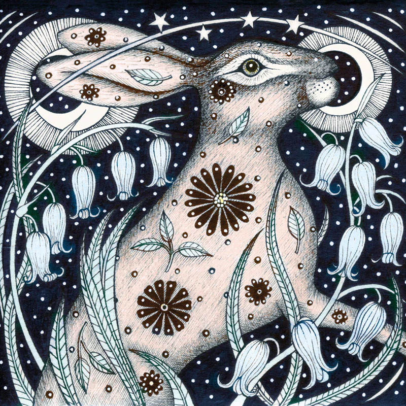 Harebells - Fine Art Blank Greeting / Birthday Card - Hare Hares Bluebells Moon