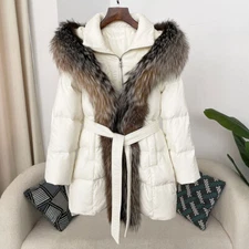 Hooded Down Jacket Winter Women's 90% White Duck Down Real Fox Fur Collar Jacket