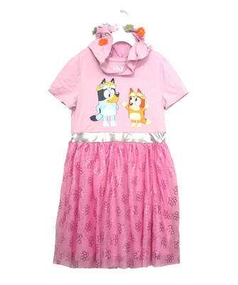 NWT Bluey Girls Tutu Dress Size 6/7 Short Sleeve Pink Hooded Flowers Pullover LB