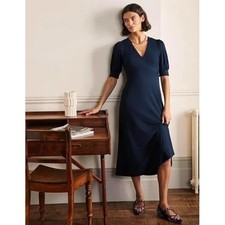 Boden Navy Puff Sleeve V Neck Midi Dress UK 10P US 6P EcoVero Viscose Blend