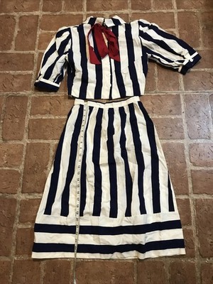80 s Navy & White, Top & Skirt, Vertical Stripes, Red Ribbon, Shoulder Pads, 7/8
