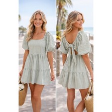 BEACH LUNCH LOUNGE Kylie Dress S Green Tiered Puff Sleeve Open Tie Back NWT