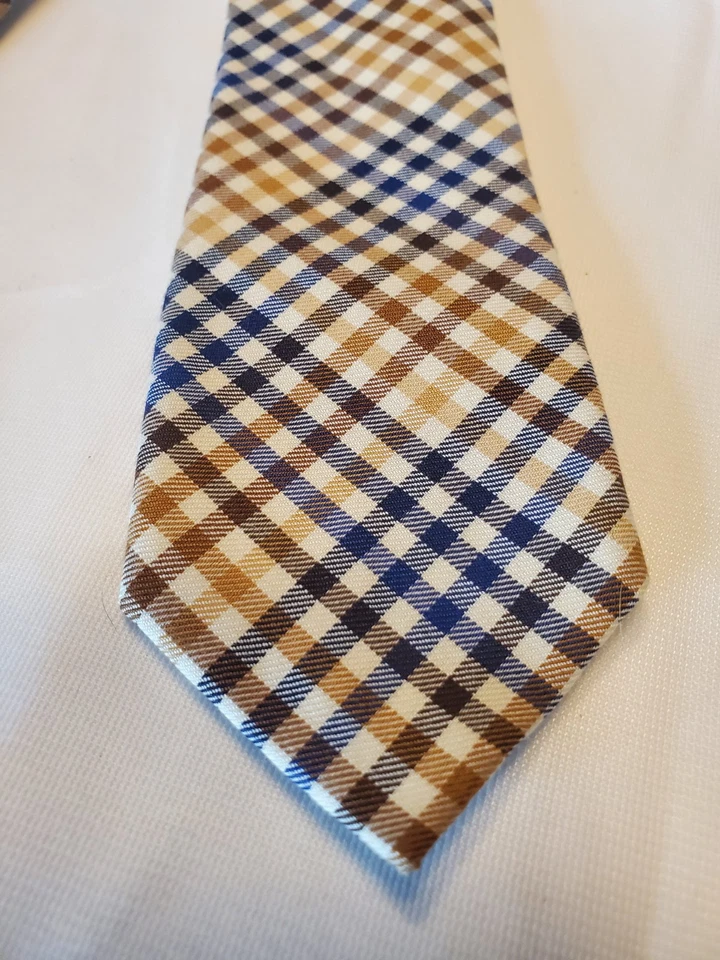 Gravata masculina NAUTICA 100% algodão gravata fina azul estreita marrom xadrez tartan 2,5" - Imagem 3 de 4