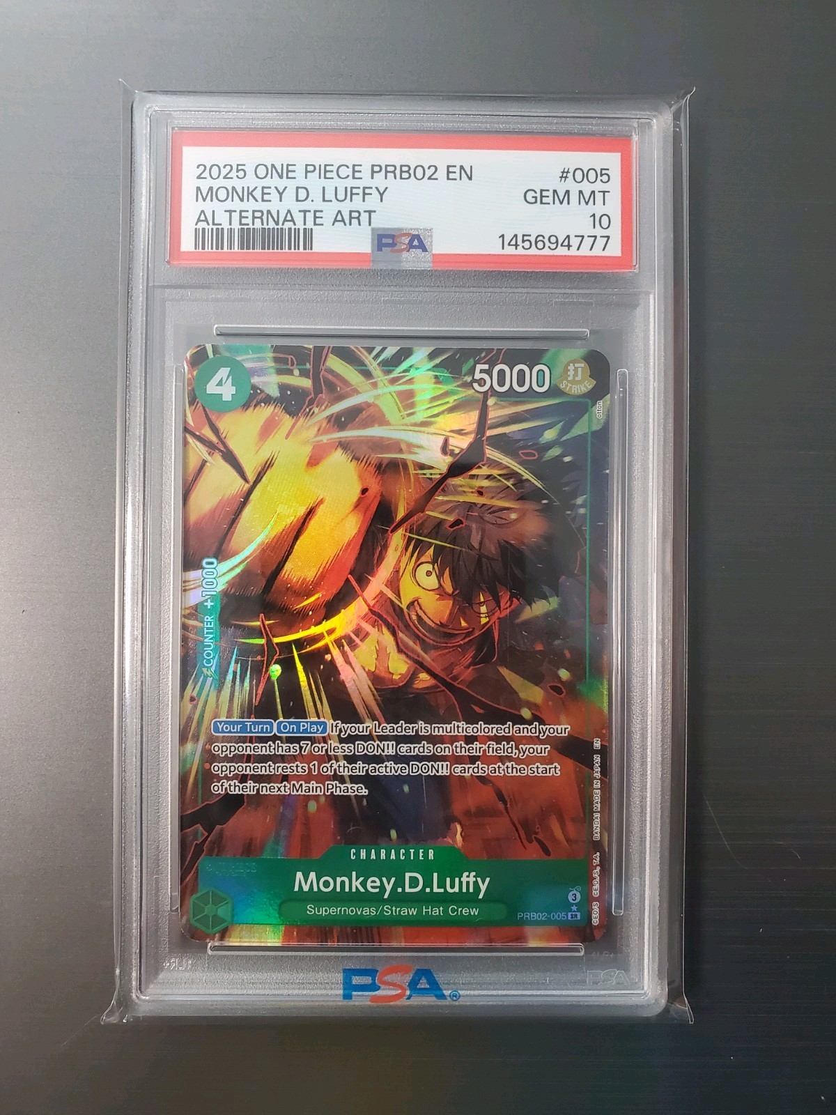 2025 ONE PIECE PRB02 PREMIUM BOOSTER VOL 2 #005 MONKEY D LUFFY ALT ART PSA 10