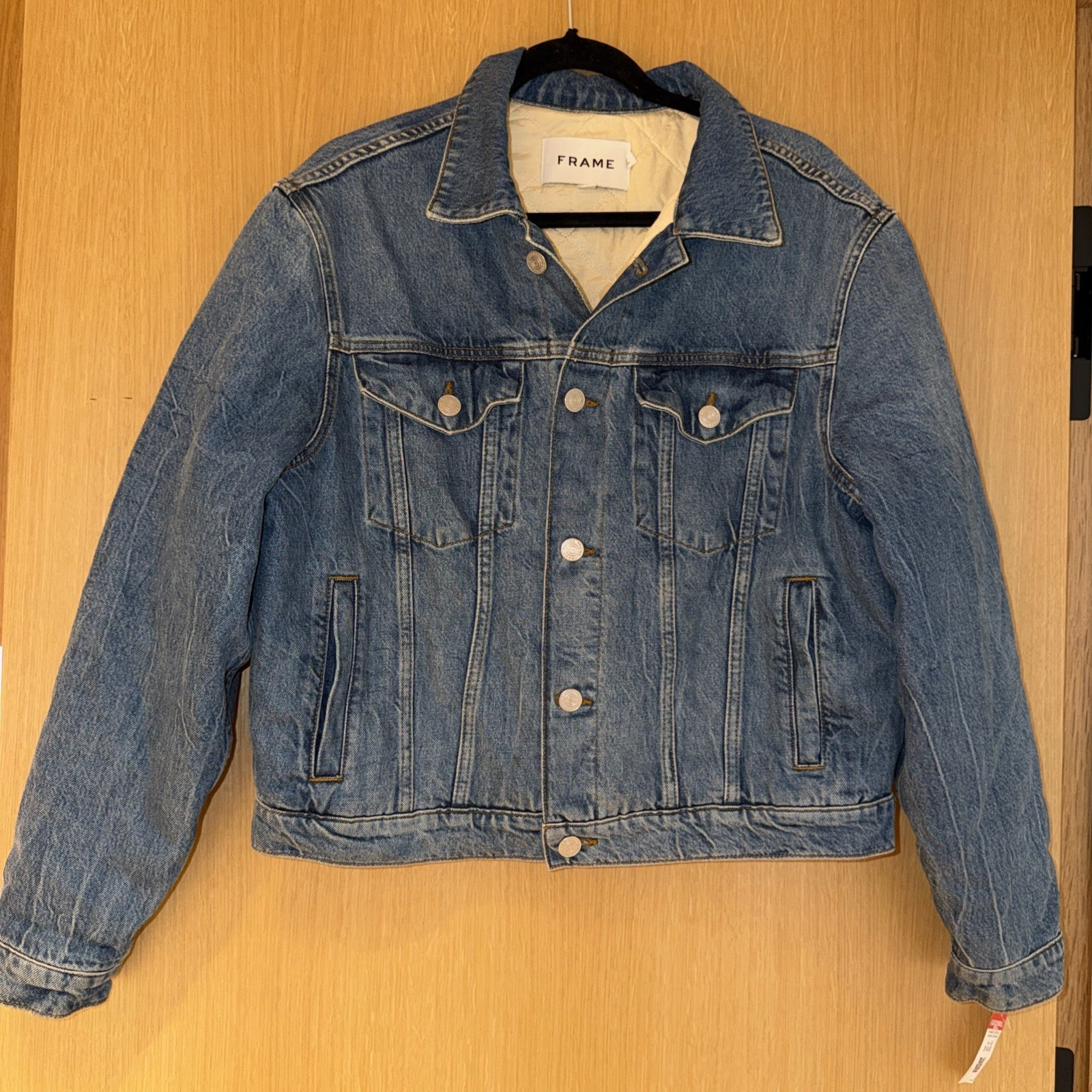 FRAME Quilted Satin-Lined Denim Trucker Jacket Men's Medium Blue Warm Insulated