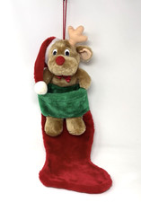 Vintage RUDOLPH Plush Christmas Stocking Reindeer Taiwan Holiday Decor 22" X 7.5