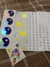 Vintage Mrs. Grossman’s Foil Moon Star Sun Stickers Lot Sheets 1996 Rocket Ship