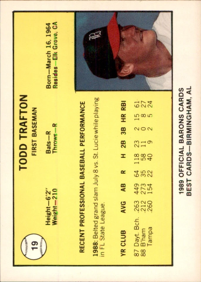 Todd Trafton 1989 Best Birmingham Barons #19 RC FREE SHIPPING AutographDen - Image 2 of 2