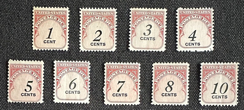 US Stamps (circa 1959)- Postage Due 1, 2, 3, 4, 5, 6, 7, 8 & 10 cents