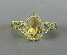 Pear Cut 4Ct Yellow Citrine Halo Engagement Ring 14K White Gold Plated