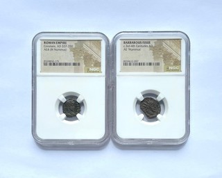 Lote de 2 monedas romanas certificadas NGC Constans 337 350AD / Bárbaro siglo IV.