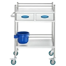 2-Layer Stainless Steel Cart with 2 Drawers & Bucket, Lockable Wheels