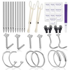 Yugui Nose Piercing Kit 20G Rings, Nails and 18G 0.8mm, Silver