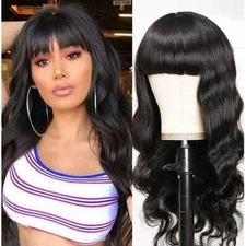 Long Wavy Black Hair Wig with Bangs - Back Length