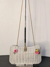 MAGID White Wicker Clutch Baguette Shoulder bag Gold Clasp & Chain Purse