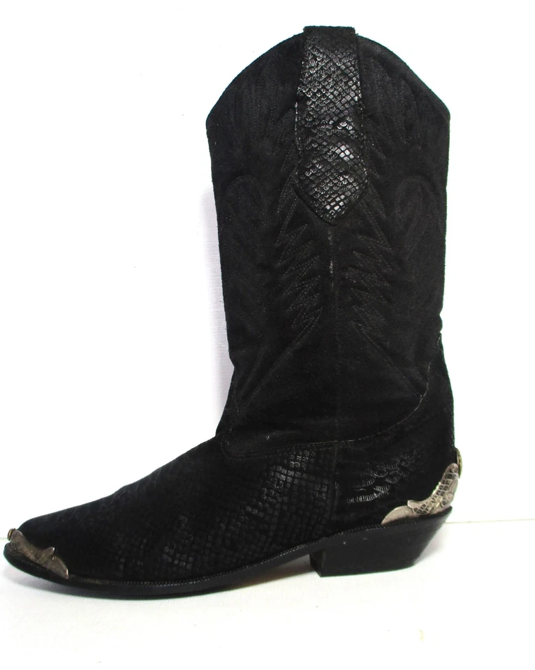 Vintage 1980s Zodiac Boots 6 1/2M Women Black Faux Leather Suede Silver Tips - Image 4 of 4