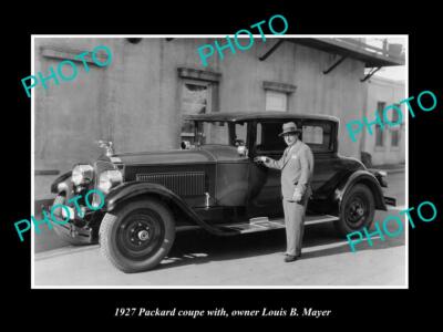OLD POSTCARD SIZE PHOTO OF PACKARD MOTORS 1927 COUPE WITH OWNER LOUIS B MAYER