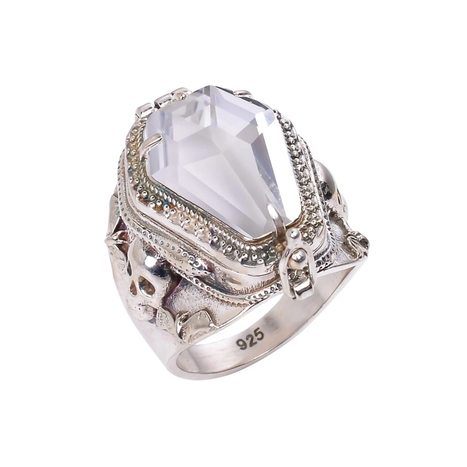 Skull Coffin Poison Ring, White  Topaz Gemstone 925 Silver Handmade Poison Ring, - Image 2 of 4