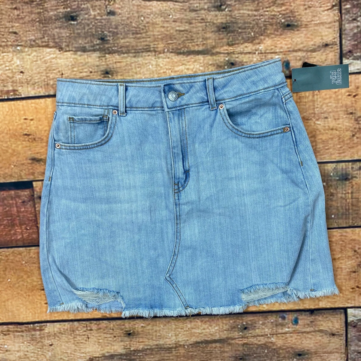Wild Fable Denim Jean Mini Skirt Size 8 Womens Distressed Raw Hem