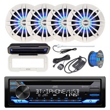 Marine Bluetooth CD Radio, XM Tuner, 4x 6.5" Blue Flash LED Speaker, Accessories