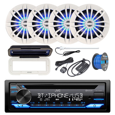Marine Bluetooth CD Radio, XM Tuner, 4x 6.5'' Blue Flash LED Speaker, Accessories
