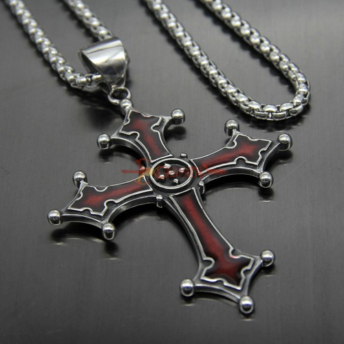 Large Classic Red Enamel Stainless Steel Cross Men Necklace Chain Pendant Charm - Picture 15 of 19