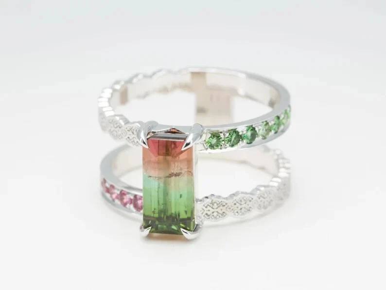 Sterling Silver 18k Gold Plate Natural Bicolor Watermelon Art Deco Baguette Ring - Image 3 of 4