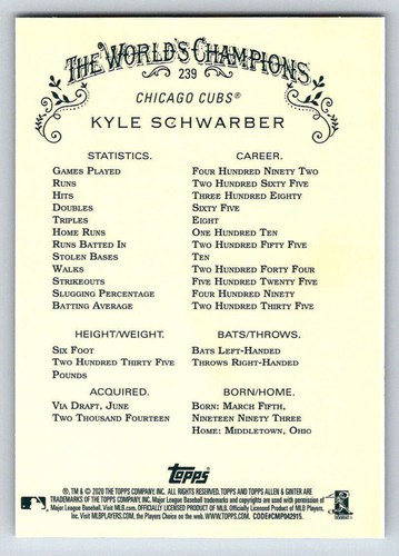 2020 Topps Allen and Ginter Chrome Refractors #239 Kyle Schwarber (ref Y00603) - Picture 2 of 2