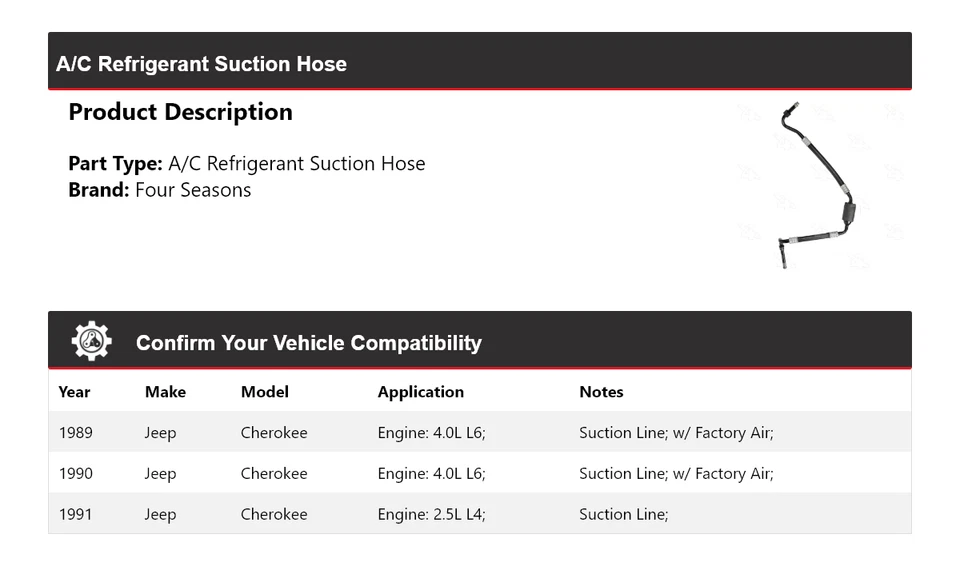 Manguera de succión de refrigerante aire acondicionado Jeep Cherokee 1989-1991 4 estaciones 1990 Foto 2 de 4